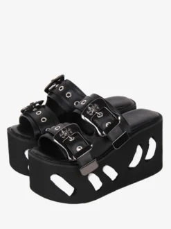 Sandales Gothiques Lolita À Bout Rond Steam Punk Chaussures D'été Compensées Lolita Noires