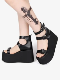 Sandales gothiques Lolita à bout rond en cuir verni supérieur Chaussures d'été Lolita noires