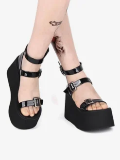 Sandales gothiques Lolita à bout rond en cuir verni supérieur Chaussures d'été Lolita noires