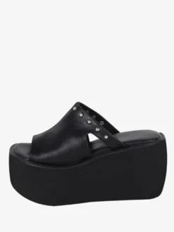 Sandales gothiques Lolita à rivets bout ouvert imprimé floral cuir PU chaussures d'été noires Lolita