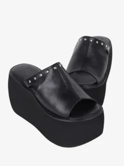 Sandales gothiques Lolita à rivets bout ouvert imprimé floral cuir PU chaussures d'été noires Lolita