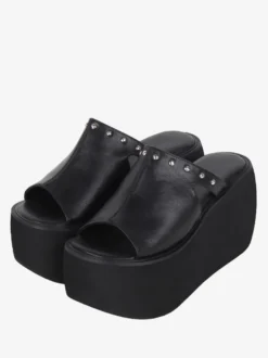 Sandales gothiques Lolita à rivets bout ouvert imprimé floral cuir PU chaussures d'été noires Lolita