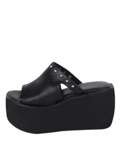 Sandales gothiques Lolita à rivets bout ouvert imprimé floral cuir PU chaussures d'été noires Lolita