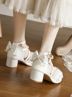 Sandales Lolita douces arcs bout rond talon épais en cuir PU rose Lolita été bride à la cheville talons