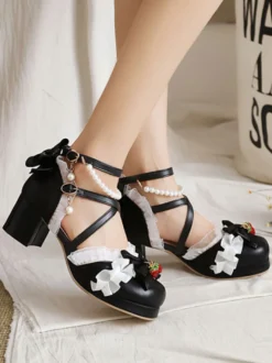 Sandales Lolita douces arcs bout rond talon épais en cuir PU rose Lolita été bride à la cheville talons