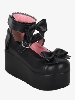 Sandales Lolita douces bout rond motif papillon cuir PU chaussures d'été noires Lolita