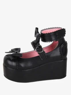Sandales Lolita douces bout rond motif papillon cuir PU chaussures d'été noires Lolita
