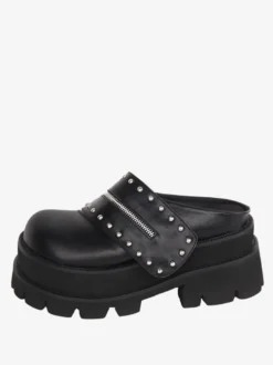 Sandales Lolita Gothiques Rivets Bout Rond En Cuir PU Chaussures Compensées D'été Lolita Noires Steam Punk