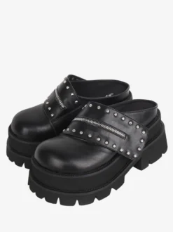 Sandales Lolita Gothiques Rivets Bout Rond En Cuir PU Chaussures Compensées D'été Lolita Noires Steam Punk