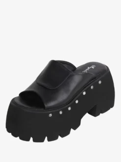 Sandales Lolita Gothiques Rivets Bout Rond En Cuir PU Chaussures D'été Lolita Noires