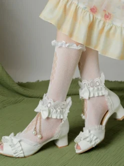 Sandales Lolita Style Rococo Beige Arcs Perles Bout Découpé Lolita Chaussures D'été