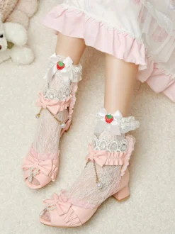 Sandales Lolita Style Rococo Beige Arcs Perles Bout Découpé Lolita Chaussures D'été