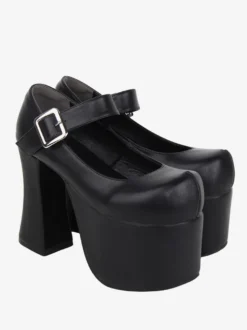 Sandales mignonne Lolita avec œillets bout rond cuir PU métallique chaussures d'été noires Lolita