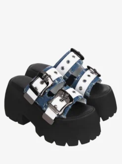 Sandales Mignonne Lolita Bleu En Cuir PU Bout Rond Chaussures Compensées D'été Lolita