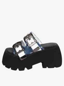 Sandales Mignonne Lolita Bleu En Cuir PU Bout Rond Chaussures Compensées D'été Lolita
