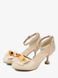Sandales Mignonne Lolita Nœuds Bout Rond Cuir PU Beige Chaussures D'été Lolita