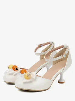 Sandales Mignonne Lolita Nœuds Bout Rond Cuir PU Beige Chaussures D'été Lolita