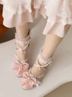 Sandales Mignonne Lolita nœuds perles volants bout rond cuir PU chaussures d'été Lolita blanches