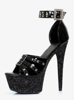 Sandales noires sexy à paillettes bout ouvert boucle et bride cheville