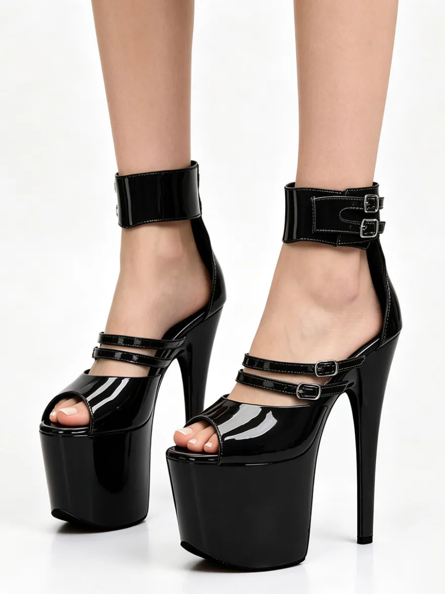 Sandales noires sexy à plateforme bout ouvert boucle et bride cheville
