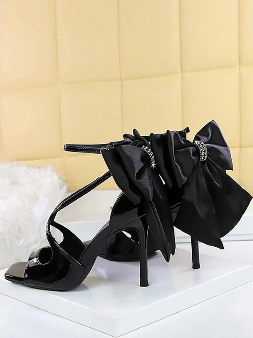 Sandales noires à talons aiguilles bout ouvert nœud chaussures à talons aiguilles
