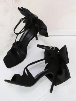 Sandales noires à talons aiguilles bout ouvert nœud chaussures à talons aiguilles