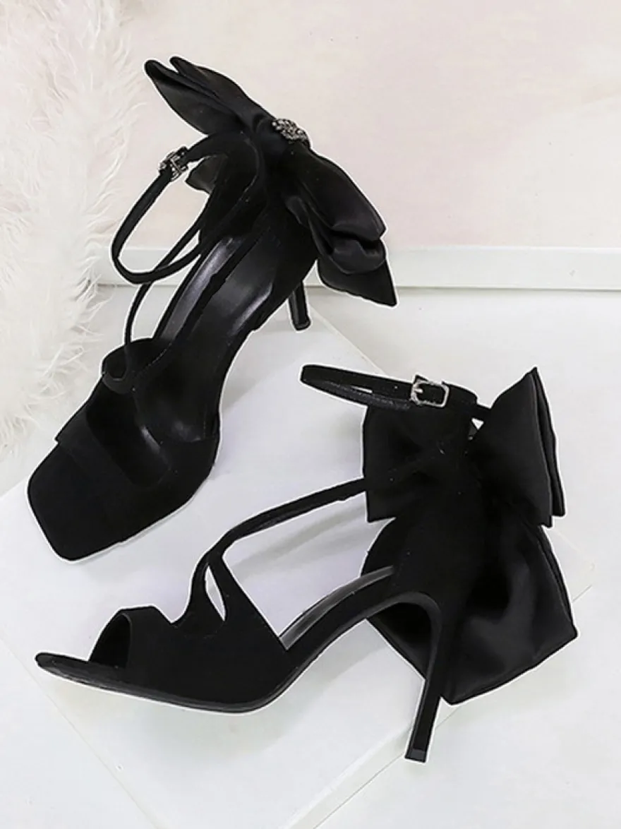 Sandales noires à talons aiguilles bout ouvert nœud chaussures à talons aiguilles