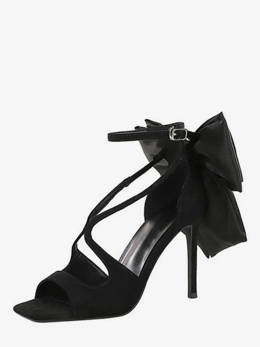 Sandales noires à talons aiguilles bout ouvert nœud chaussures à talons aiguilles