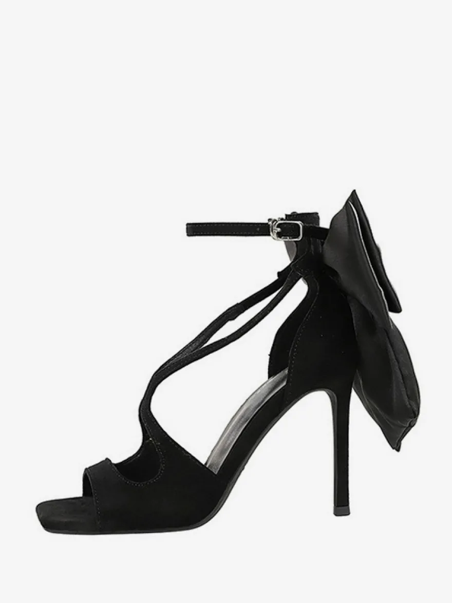 Sandales noires à talons aiguilles bout ouvert nœud chaussures à talons aiguilles