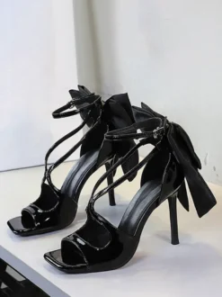 Sandales noires à talons aiguilles bout ouvert nœud chaussures à talons aiguilles
