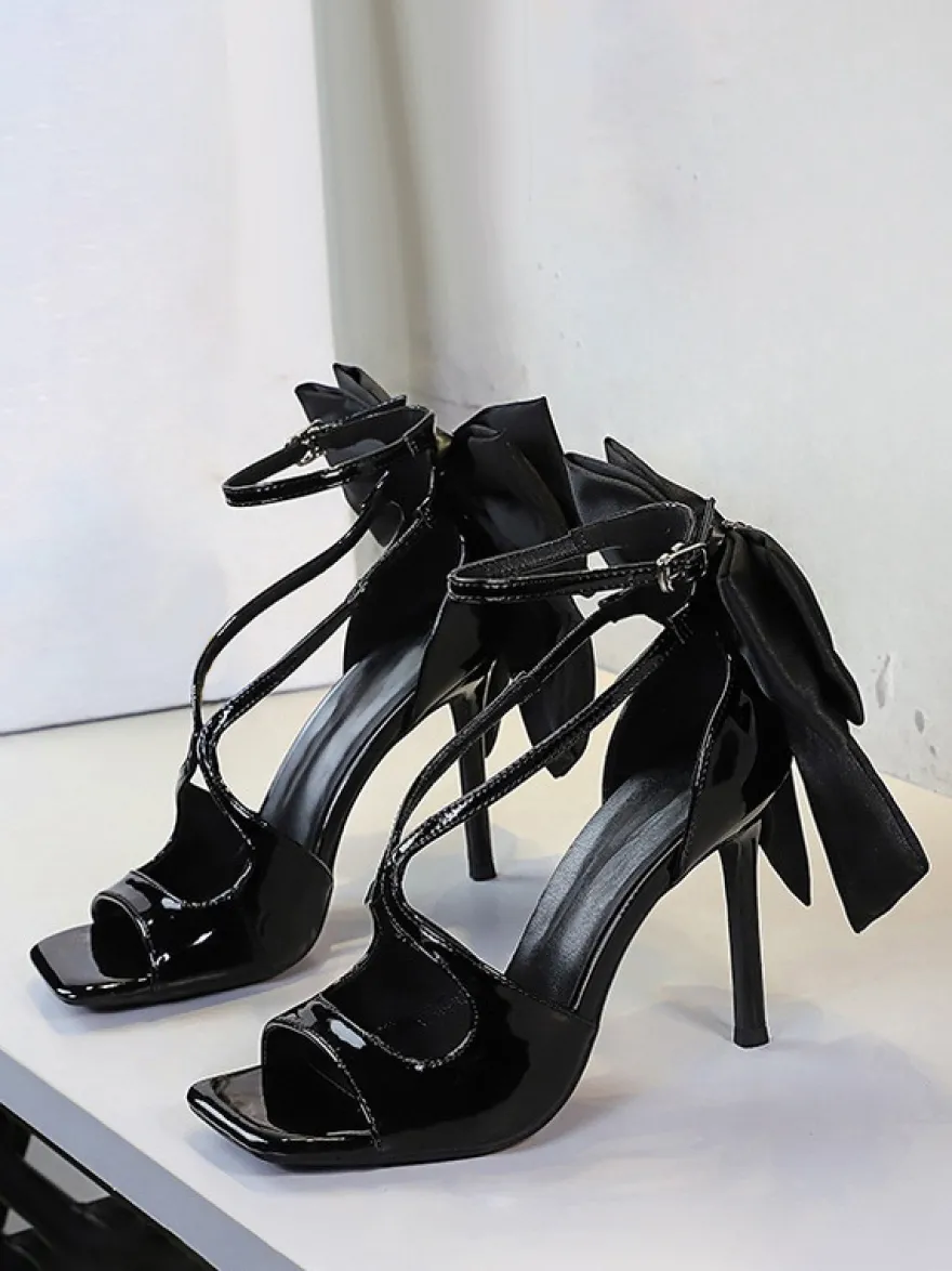 Sandales noires à talons aiguilles bout ouvert nœud chaussures à talons aiguilles