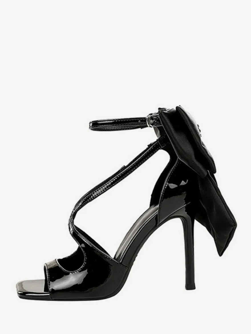 Sandales noires à talons aiguilles bout ouvert nœud chaussures à talons aiguilles