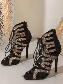 Sandales noires à talons hauts pour femmes à paillettes à brides et lacets chaussures de soirée