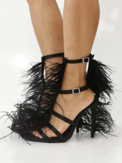 Sandales noires à talons hauts et détails en fausses plumes chaussures de soirée à talons épais