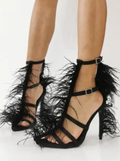 Sandales noires à talons hauts et détails en fausses plumes chaussures de soirée à talons épais