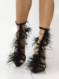 Sandales noires à talons hauts et détails en fausses plumes chaussures de soirée à talons épais