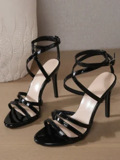 Sandales noires à talons hauts pour femmes bout ouvert à brides chaussures de bal