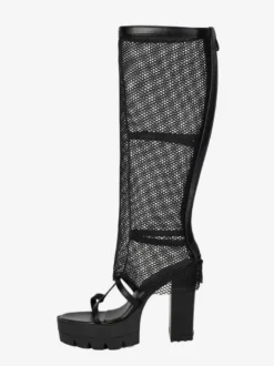 Sandales à plateforme en maille noire pour femmes bout ouvert et talon épais