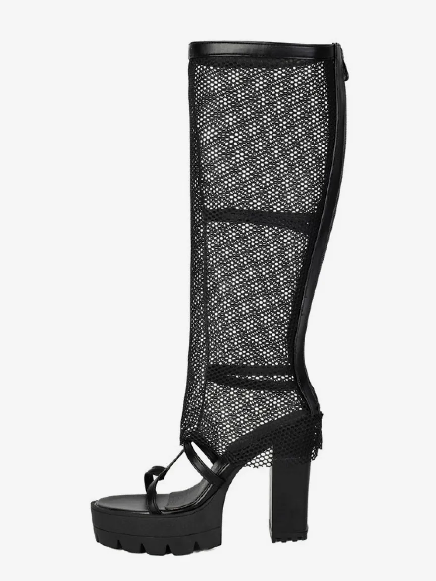 Sandales à plateforme en maille noire pour femmes bout ouvert et talon épais