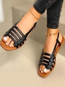 Sandales plates à bout ouvert en cuir PU pour femmes