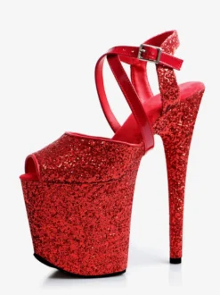 Sandales rouges sexy à paillettes plateforme bout ouvert talons hauts croisés