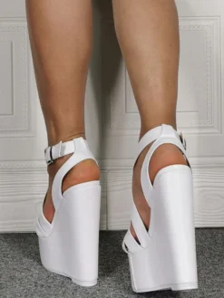 Sandales sexy grande taille en cuir PU blanc talon compensé chaussures à talons hauts sexy chaussures grande taille