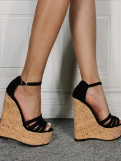 Sandales sexy grande taille noir Micro daim supérieur bout ouvert talon aiguille chaussures sexy chaussures grande taille