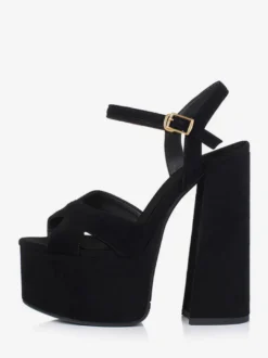 Sandales sexy noires en daim à plateforme et bout ouvert avec boucle et talon épais