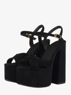 Sandales sexy noires en daim à plateforme et bout ouvert avec boucle et talon épais