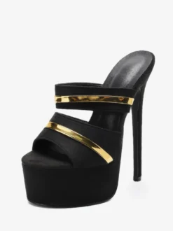 Sandales sexy pour femmes plateforme en micro-daim noir bout ouvert pantoufles sexy