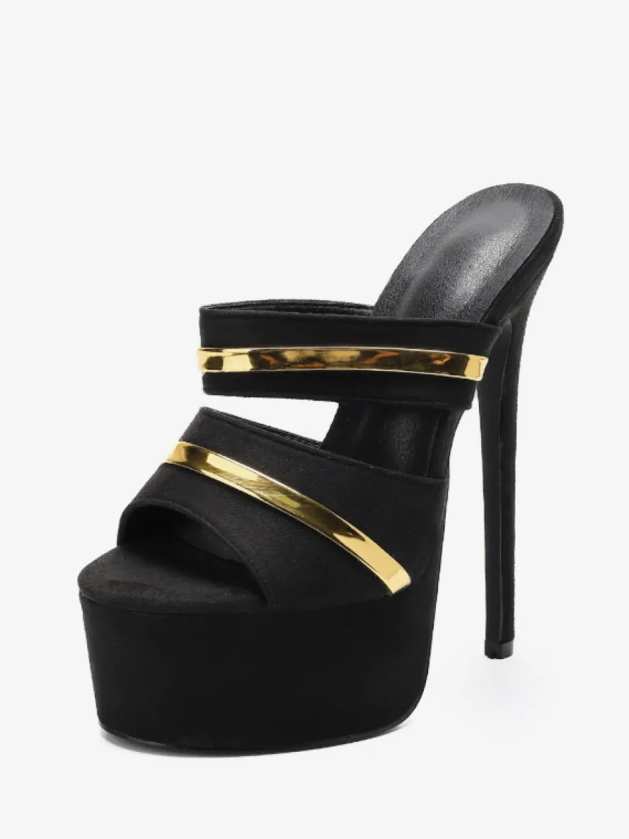 Sandales sexy pour femmes plateforme en micro-daim noir bout ouvert pantoufles sexy