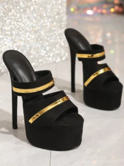 Sandales sexy pour femmes plateforme en micro-daim noir bout ouvert pantoufles sexy