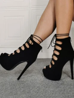 Sandales sexy à talons hauts de grande taille chaussures à talons aiguilles en micro-daim noir
