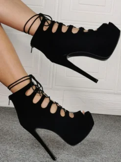 Sandales sexy à talons hauts de grande taille chaussures à talons aiguilles en micro-daim noir